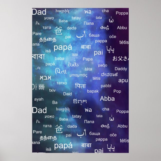 Poster Père dans de nombreuses langues du monde - Bleu (Devant)