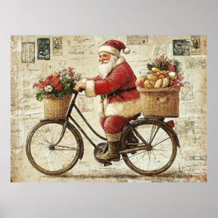 Poster Père Noël à vélo, vintage,
