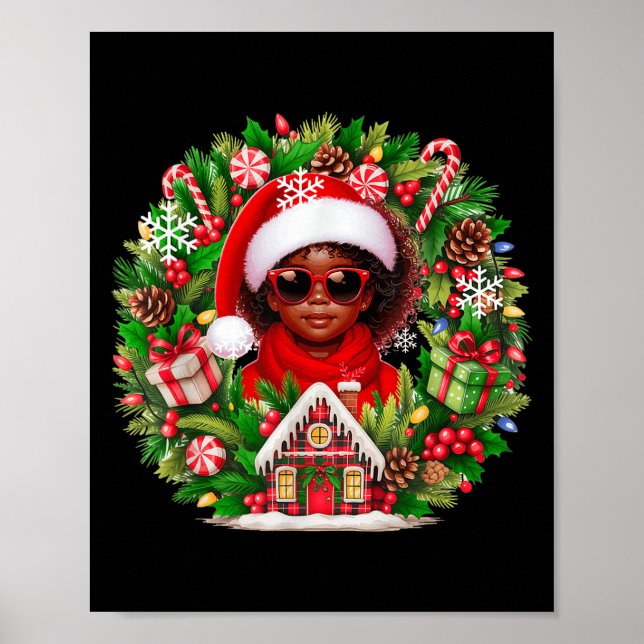 Poster Père Noël Afro fille enfant Sungles Xmas Floral Ci (Devant)
