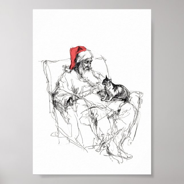 Poster Père Noël assis avec le chat sur le genou (Devant)