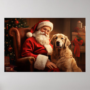 Poster Père Noël avec Golden Retriever