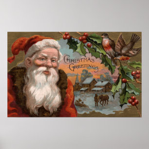 Poster Père Noël avec le houx, scène de village