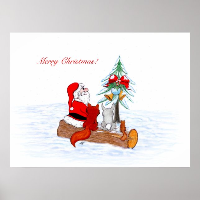 Poster Père Noël avec Renard de lapin et écureuil (Devant)