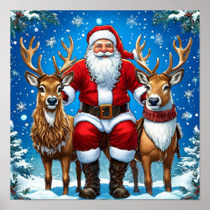 Poster Père Noël avec Rénes Noël Magique