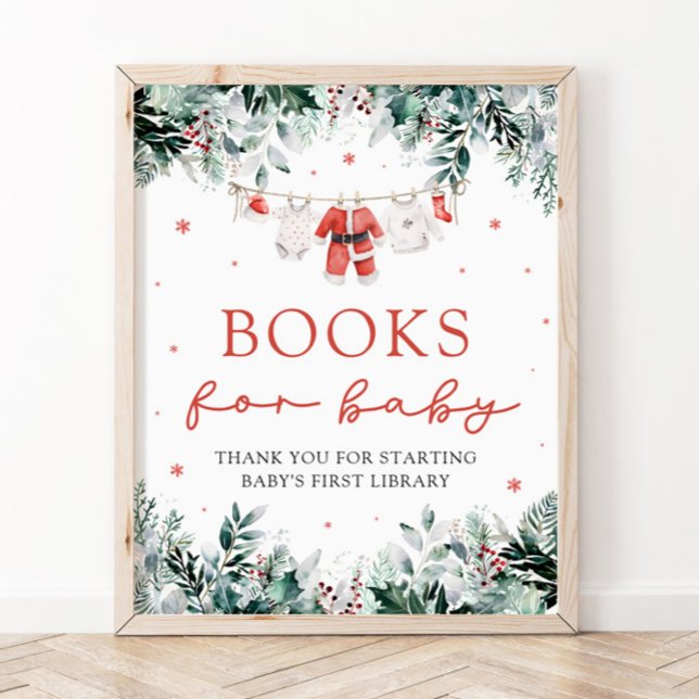 Poster Père Noël Baby Christmas Baby shower Livres pour b (Watercolor Red Santa Gender Neutral Books for Baby Baby Shower Sign)