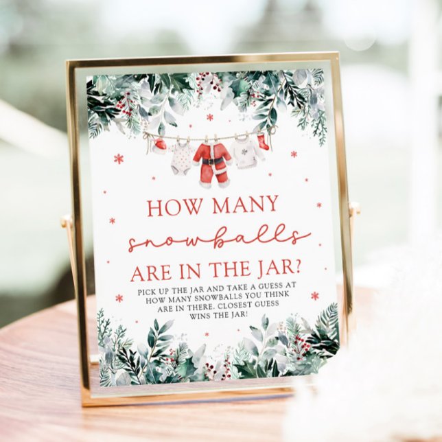 Poster Père Noël Baby Devine Combien de boules de neige B (Watercolor Christmas Red Santa Baby Dont Say Baby Baby Shower Sign)