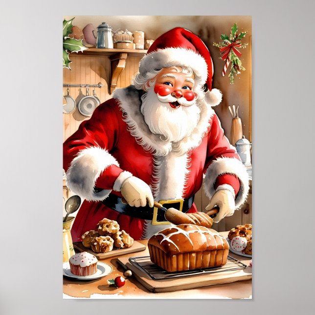 Poster Père Noël Baking Pain de Noël Cuisine Mur Art (Devant)