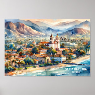 Poster Père Noël Barbara California Travel Places aquarel