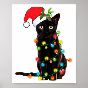 Poster Père Noël chat noir empêtré dans les lumières de N