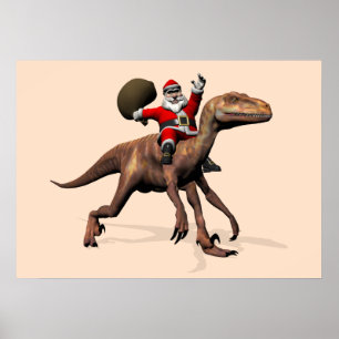Poster Père Noël chevauchant un Deinonychus