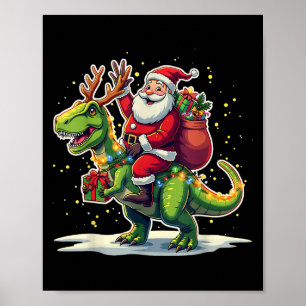 Poster Père Noël chevauchant un dinosaure T Rex cerf lumi