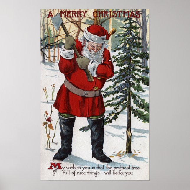 Poster Père Noël coupe l'arbre de Noël (Devant)