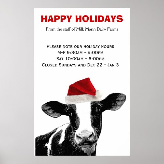 Poster Père Noël Cow Happy Holidays Ferme laitière Heures (Devant)