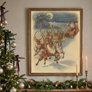 Poster Père Noël de Noël vintage traîneau avec rennes