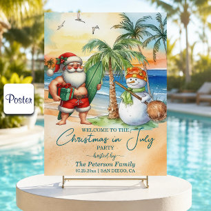 Poster Père Noël d'été et bonhomme de neige Noël en juill