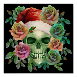 POSTER PÈRE NOËL DRÔLE CRÂNE VERT ET FLORAL NOËL