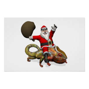 Poster Père Noël drôle sur un énorme caméléon panthère