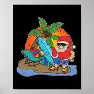 Poster Père Noël drôle surfeur Hawaïen Noël au coucher du