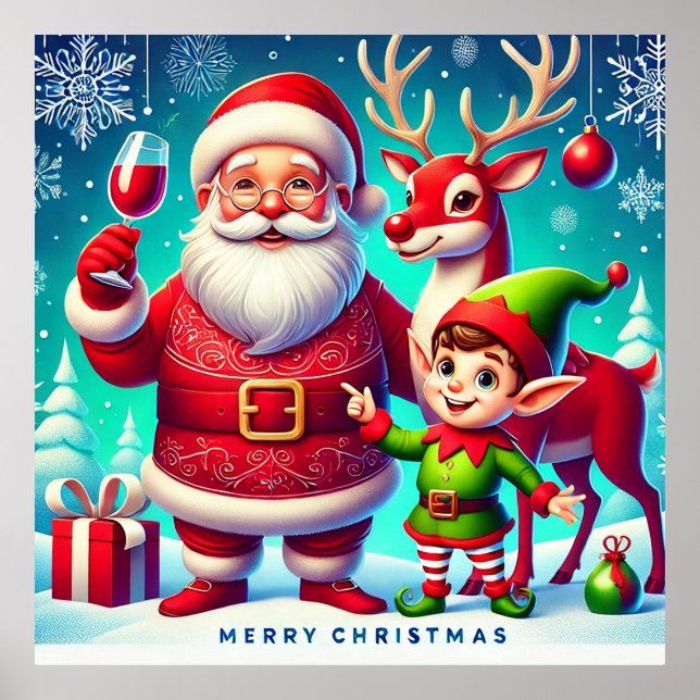 Poster Père Noël, Elfe et Reindeer dans un Noël festif (Devant)