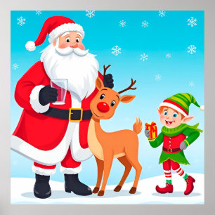 Poster Père Noël, elfe et renne dans un Noël festif