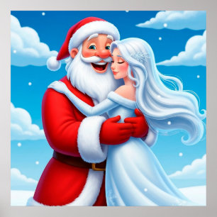 Poster Père Noël embrassant une Reine des Neiges