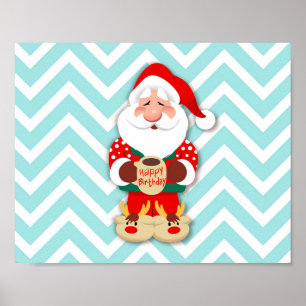 Poster Père Noël en pyjama rouge tenant une tasse