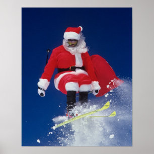 Poster Père Noël en skis sautant d'une corniche à