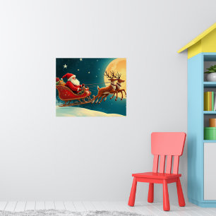 Poster Père Noël en traîneau avec rennes