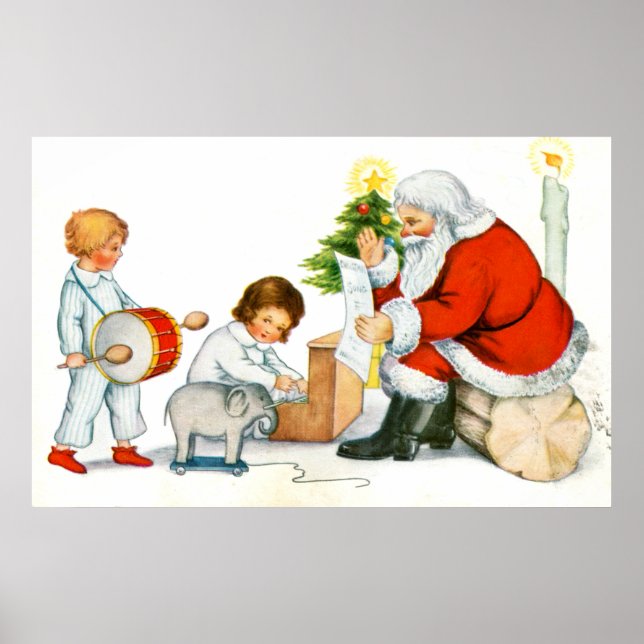 Poster Père Noël, enfants et jouets (Devant)