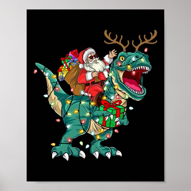 Poster Père Noël équitation Dinosaur T rex Deer Kids Boys (Devant)