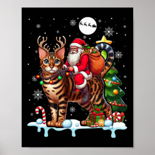 Poster Père Noël équitation renne Bengale Chat Xmas arbre