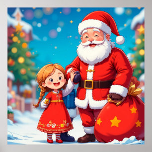 Poster Père Noël et fille avec un sac cadeau