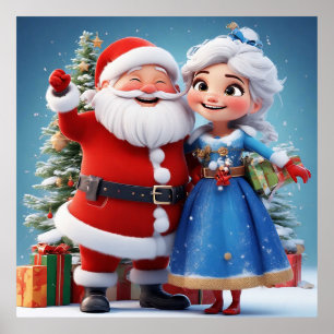 Poster Père Noël et la Fée des Neiges célébrant Noël