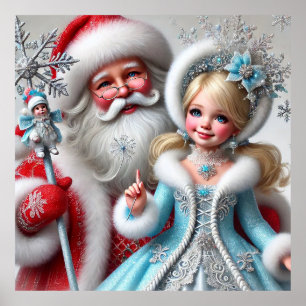 Poster Père Noël et Snow Mainen dans un pays des merveill
