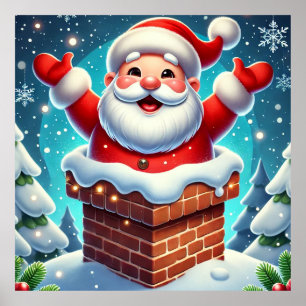 Poster Père Noël festif sortant de la cheminée