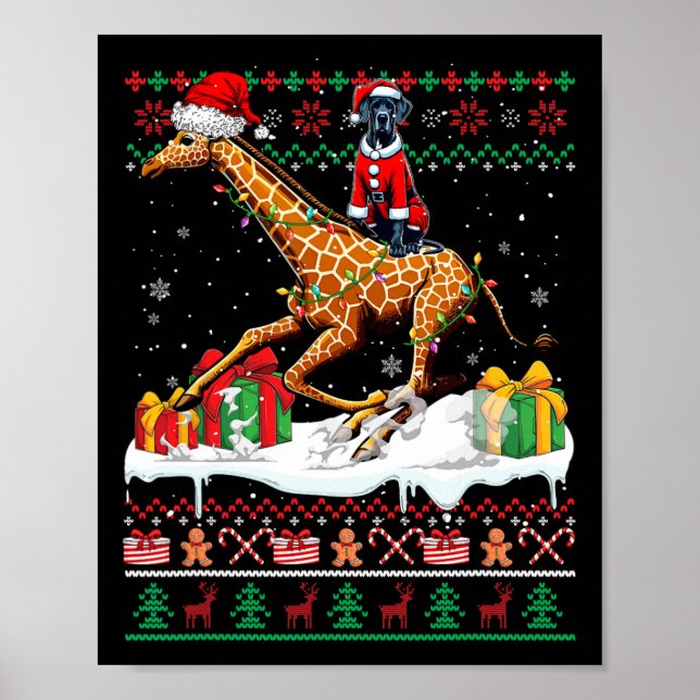 Poster Père Noël Great Dane Riding Giraffe Sweat de Noël (Devant)