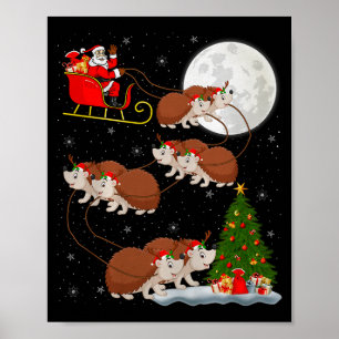 Poster Père Noël hérisson traîneau volant drôle magique N