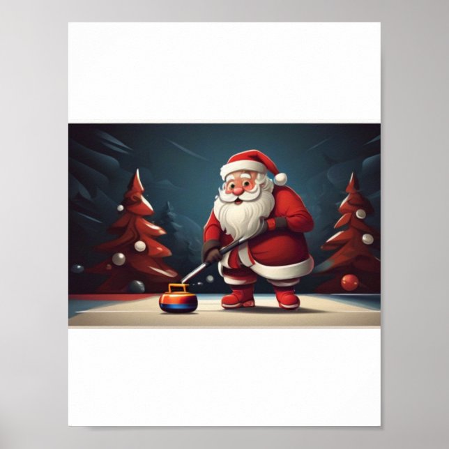 Poster Père Noël jouant au Curling Rock (Devant)