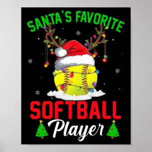 Poster Père Noël Joueur favori de softball Pajama de Noël