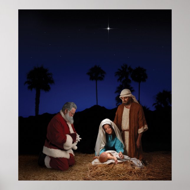 Poster Père Noël Kneeling à la crèche (Devant)