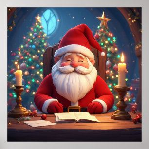 Poster Père Noël lisant un livre à la lumière d'une bougi