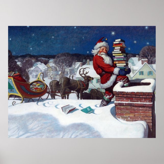 Poster Père Noël livre une cargaison de livres par Wyeth (Devant)