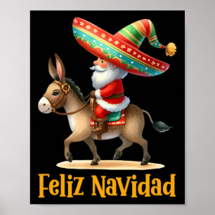 Poster Père Noël mexicain à cheval sur un âne Noël Navida