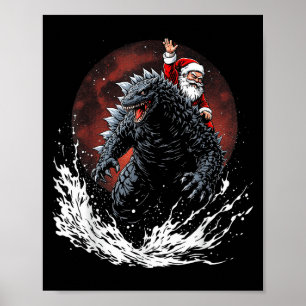 Poster Père Noël montant le monstre japonais Kaiju pour l