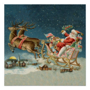 Poster Père Noël Noël Antique Traîneau Renne