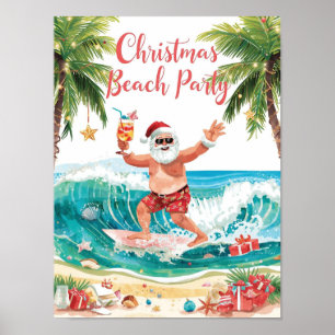 Poster Père Noël Noël en juillet sur le surfeur de plage