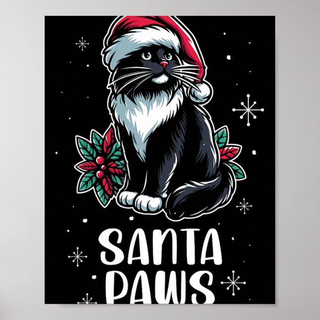 Poster Père Noël Paws Tuxedo Chat portant le chapeau du P (Devant)