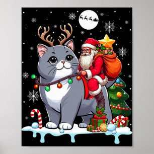 Poster Père Noël Riding Reindeer British Shorthair Xmas T