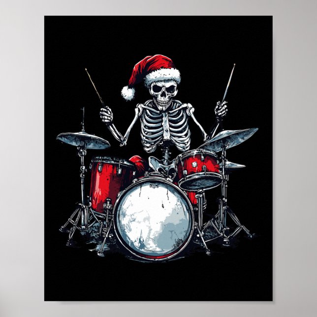 Poster Père Noël Skeleton Jouer Drum Percussionist Drumme (Devant)