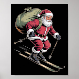 Poster Père Noël skiant des pentes enneigées
